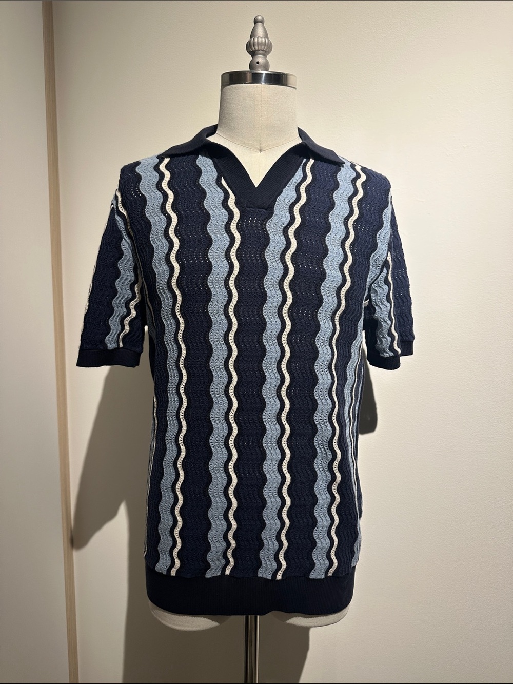 Primark Navy Blue and Light Blue Wavy Stripe Polo Shirt